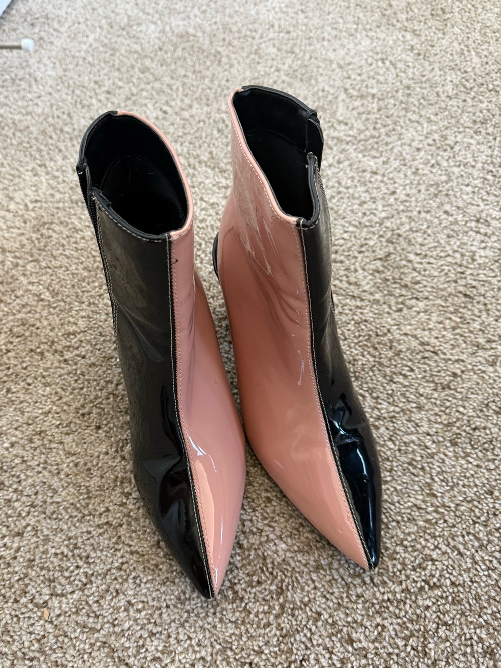 Patent Leather Two-Tone Pink and Black Pointed Ankle Boots